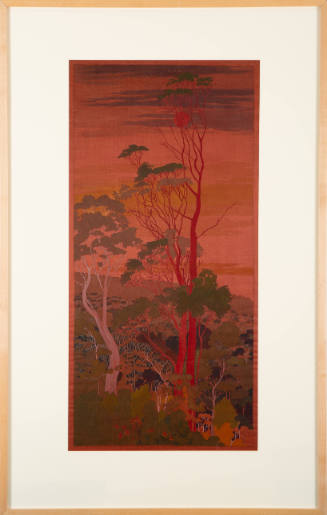 Red, green, and brown ink drawing of a tropical forest with tall trees of varying shapes and heights