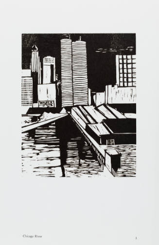 Black-and-white woodcut with view of the Chicago river and tall buildings, including Marina City
