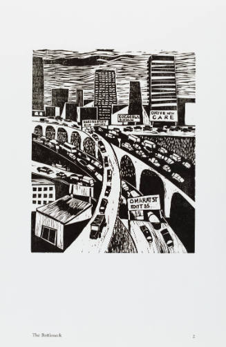 Black-and-white woodcut with view from above of overlapping highways in front of cityscape