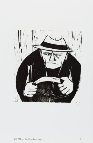 Black-and-white woodcut of gumpy looking person in hat and coat, clenching driver’s wheel