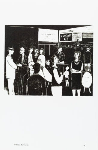 Black-and-white woodcut of crowd of people at gate in flight terminal with view of plane in window