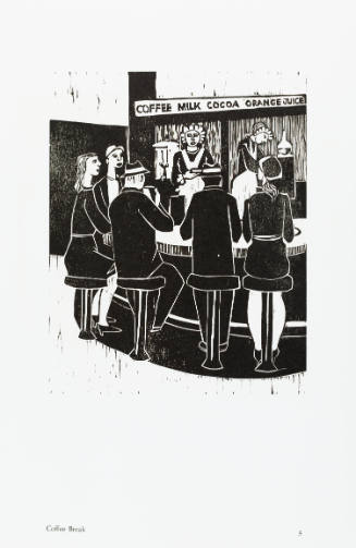 Black-and-white woodcut of five people seen from behind sitting on stools at coffee counter
