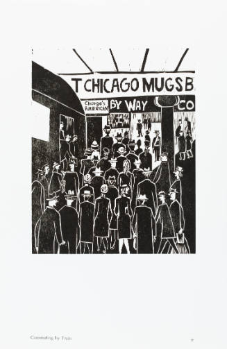 Black-and-white woodcut with people getting off train in a crowded train station with signage