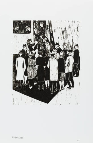 Black-and-white woodcut showing a crowd of people getting on a bus