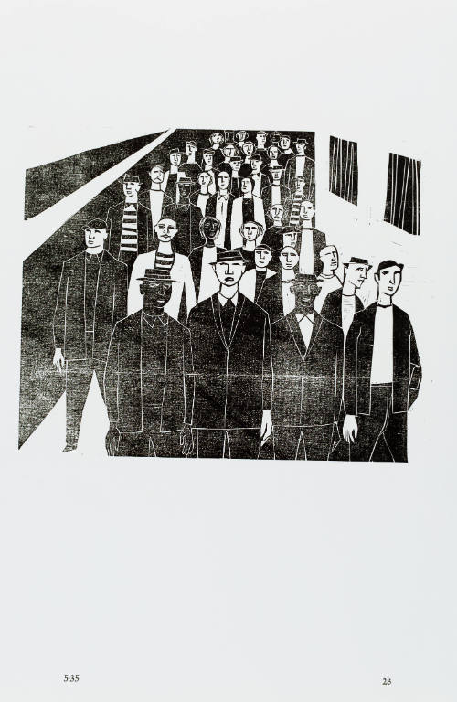 Black-and-white woodcut of a crowded sidewalk, mostly men in suits and hats walking toward us