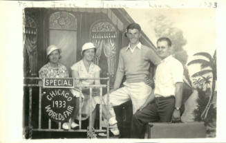 Staged photo with two seated women and two standing men in front of backdrop for 1933 World’s Fair