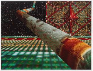 Pixellated image of a pipe bending and extending into space from a green and red gridded interior