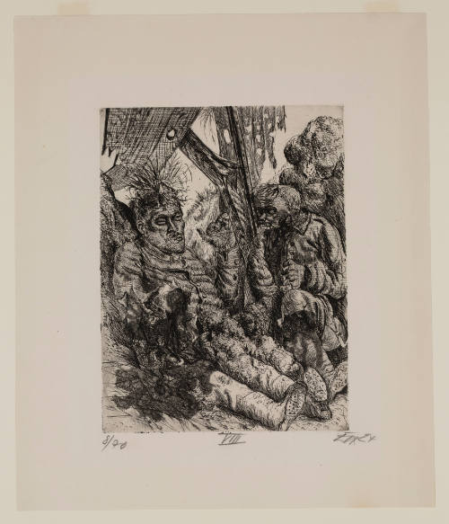 War scene with soldier who has right arm blown off and another beside him with a skull-like face