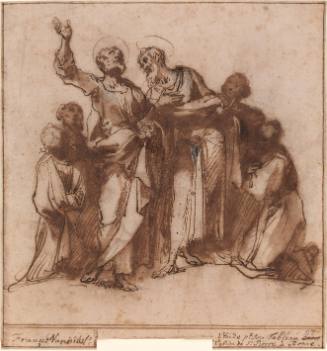 Two haloed men, one with right arm raised, standing and surrounded by a group of kneeling figures