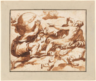 A muscled man in a toga holds a globe on his shoulders while two nude figures and cherubs look on