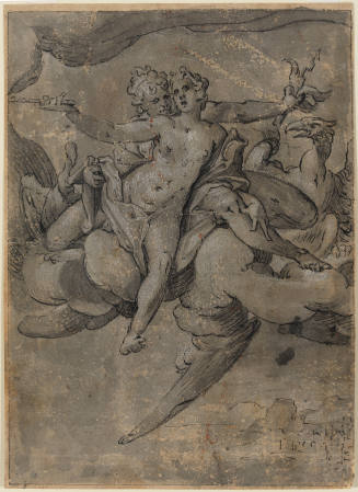 Ink drawing of floating, nude female figure embraced by another figure from behind