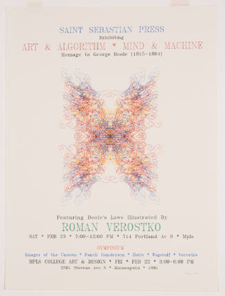 Exhibition poster for work by Roman Verostko with text and color plotter drawing at center 