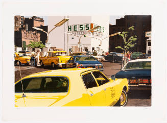 Yellow and blue cars wait in line for gas pumps with sign reading "HESS GASOLINE" in background