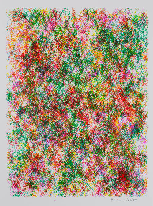 Overlapping squiggly lines fill vertical rectangle in shades of pink, green, and yellow 