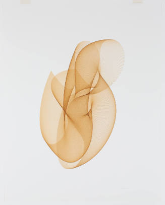 Abstract composition of translucent, brown ribbon-like form folding onto itself at center of sheet