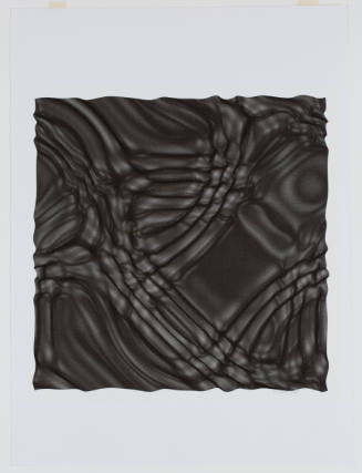 Black square with wavy and uneven edges, filled with wavy, 3-D black, white, and gray lines 