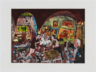 Caricature-like people, including Picasso, and nude models in a bright interior full of artmaking"