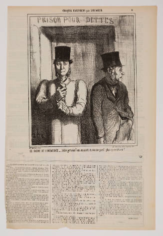 Caricature of two man standing in front of a doorway with text above reading “PRISON POUR DETTES”