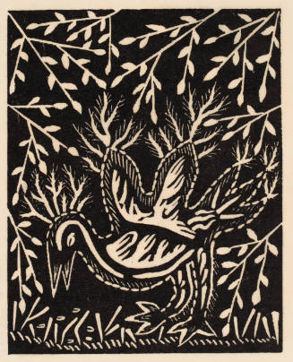 White, patterned representation of a bird in front of a dark background with twig patterns 