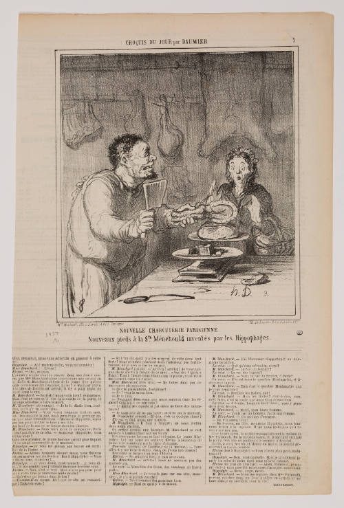 Newspaper page with a caricature of a butcher holding a cleaver and a horse hoof before a surprised 