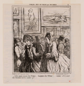Caricature of two women with shocked expressions in a crowd in front of artworks depicting nude wome