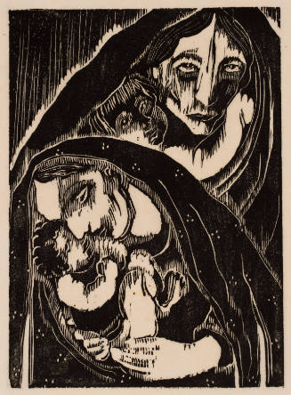 Woodcut of two shadowed people in dark shawls tenderly holding their children near their faces 