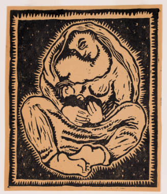 Expressive woodcut of a seated woman with mantle, nursing an infant in her arms, enveloped in halo 