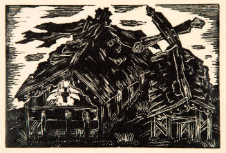 Expressive woodcut of two dark barn-like structures, the smaller one on the right with a cross on to