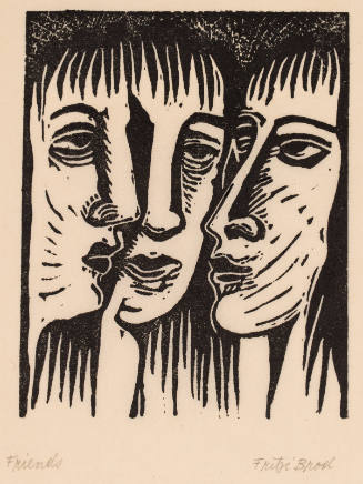 Expressive black-and-white woodcut with close up of three faces close together looking at one anothe