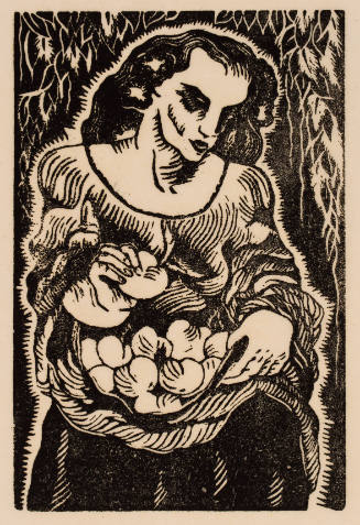 Print of person with long hair using their dress as a basket to hold a pile of objects