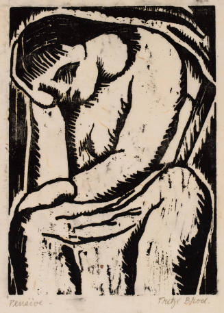 Woodcut of a person seated and leaning their forehead on their palm, rendered with simple forms