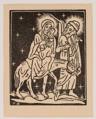 Nighttime scene with the Virgin Mary and infant Christ on a donkey and Joseph walking alongside them