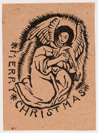 Woodcut of angel with wings and gown holding a stringed instrument, above the text “MERRY CHRISTMAS”