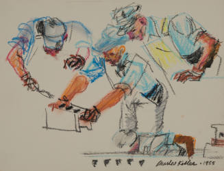 Three colored pencil sketches of the arms and tosos of men laying cinder blocks