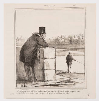 Man in tophat leans over a wall and looks at man fishing on riverbank with cityscape in background