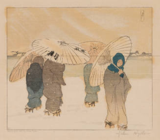 Woodcut of cloaked figures with parasols and stilted shoes traversing a snowy landscape
