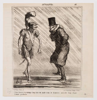 Caricature of lanky man in the outfit of a Roman soldier approaching a man with tophat and winter cl