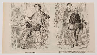 Two caricatures: at left, a man checking pulse of a woman in bed and, at right, two men leaving a be