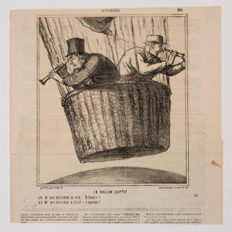 Caricature of two men in a hot air balloon basket looking over each side with telescopes
