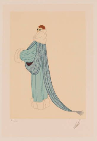 Representation of a person looking over shoulder in a long, blue 1920s-style robe with fur trim