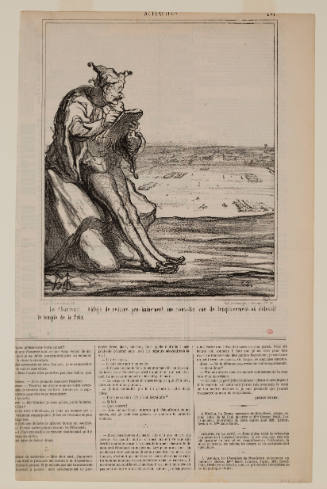 Newspaper page with caricature of a clown leaning on a rock and writing in a book before a vast land