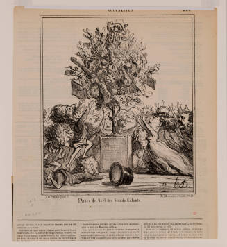 Caricature of crowd of people reaching up to a tree on pedestal decorated with banknotes marked 1000