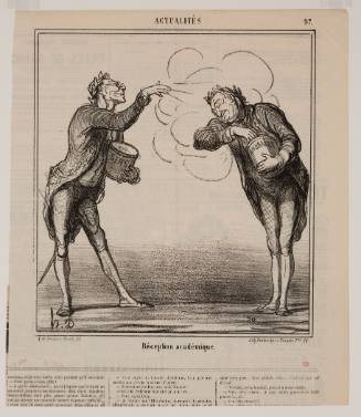 Caricature of two men wearing laurel wreaths on their heads throwing senna and rhubarb on each other