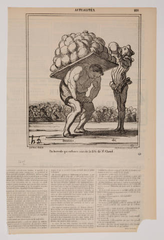Caricature of a muscular person balancing a board covered in cabbages on his back in front of crowd