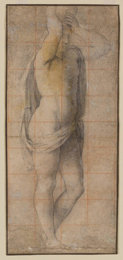 Study drawing of a nude male figure holding a vase above his head