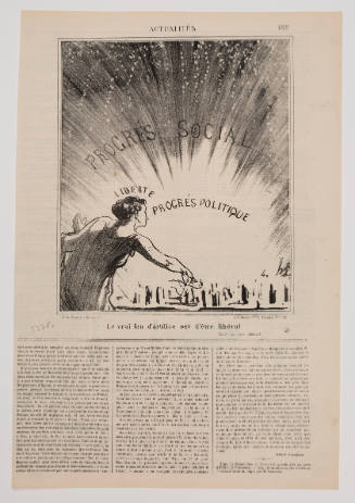 Caricature of a woman in classical dress lighting candles that explode in a shower of sparkling ligh