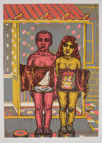 Male figure with abdomen revealing sailboat and female figure with abdomen revealing dollhouse