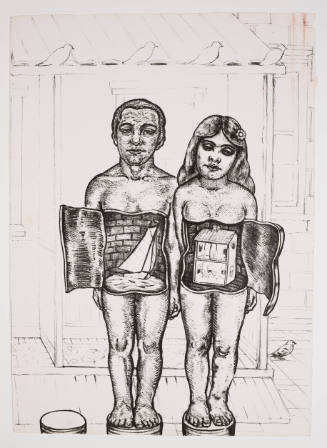 Black-and-white image of male figure with abdomen revealing boat and female figure with dollhouse