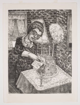 Person in dress and glasses cutting cake shaped like house with faint outline of person at right