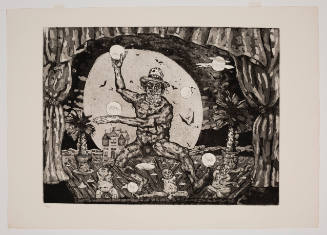 Nude man on stage, juggling moons with tropical plants on each side and dismembered figures below